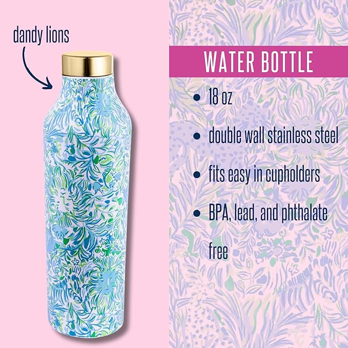 Lilly Pulitzer Stainless Steel Water Bottle, 18 Oz Metal Water Bottle, Pink Double Wall Insulated Tumbler with Lid, Dandy Lions