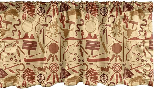 Ambesonne Western Window Valance, Culture Arrow Hatchet Chiefs Hat Snakes Bison Tools, Curtain Valance for Kitchen Bedroom Decor with Rod Pocket, 54" X 18", Orange Redwood