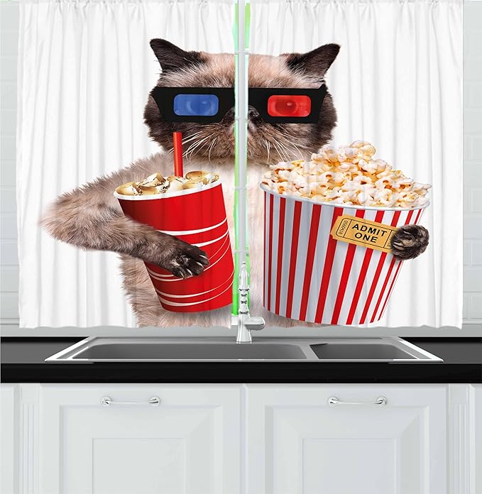 Ambesonne Movie Theater Kitchen Curtains, Cat with Popcorn and Drink Watching Movie Glasses Entertainment Cinema Fun, Window Drapes 2 Panel Set for Kitchen Cafe Decor, 55" x 24", Cream Red