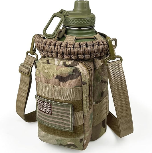 Half Gallon Water Bottle with Sleeve - 64 Oz Insulated Water Jug with Handle - Green Stainless Steel Sports Water Bottle for Gym Workout Hiking Tactical Bottle Holder with Pouch Camo