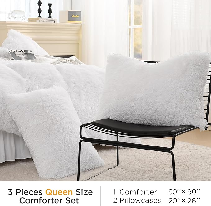 Litanika White Fluffy Comforter Queen, Luxury Plush Shaggy Fuzzy Bedding Set for Queen Bed, Ultra Soft Warm Velvet Comforter 3 Pieces(1 Faux Fur Comforter 90×90 Inch, 2 Pillowcases)