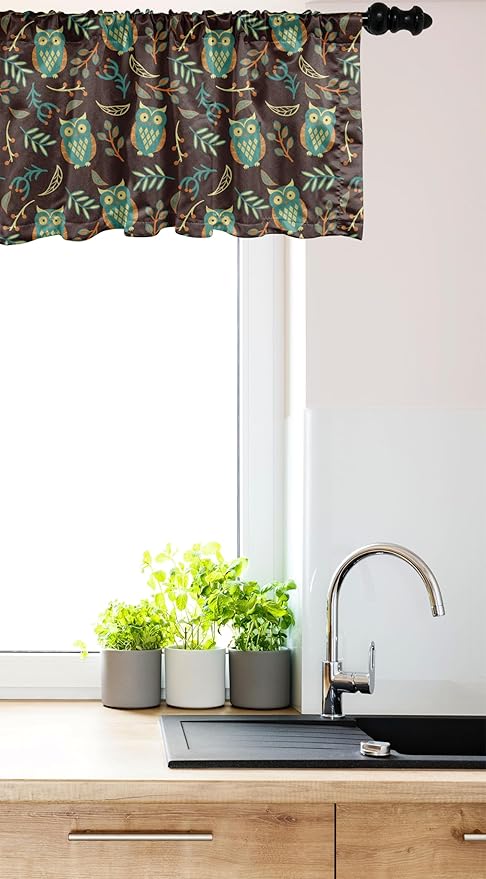 Ambesonne Owl Print Window Valance, Night Birds Leaves Berries Warm Autumn Colors Cartoon, Curtain Valance for Kitchen Bedroom Decor with Rod Pocket, 42" x 18", Brown Green