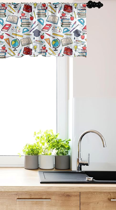 Ambesonne Science Window Valance, Elementary Theme Student Supplies Globe Paints and Brushes Books, Curtain Valance for Kitchen Bedroom Decor with Rod Pocket, 42" x 18", Multicolor