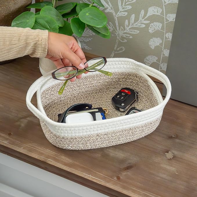 OrganiHaus Set of 5 Rectangle Bathroom Storage Baskets for Organizing, Small Woven Baskets for Storage Basket for Bathroom, Nursery Storage Basket for Baby Nursery Organization, Cute Bin, Brown/White
