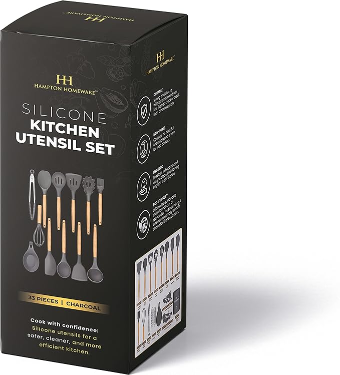 Kitchen Utensils Set, 33 pcs Non-Stick Silicone Cooking Utensils Set, Heat-Resistant Silicone, Wooden Utensils for Cooking, Kitchen Gadgets Spatula Set, Apartment Essentials Kitchen Set (Charcoal)