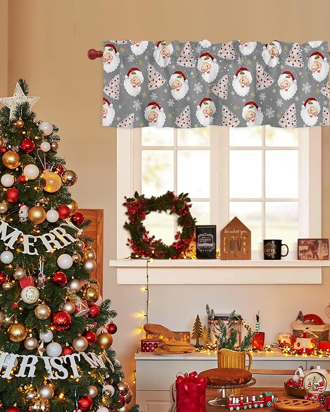 Grey Christmas Valance Curtains for Kitchen Windows Santa Claus Merry Christmas Tree Rod Pocket Window Treatment Toppers for Kitchen/Living Room/Bedroom/Bathroom, 54" X 18", Winter Snowflake