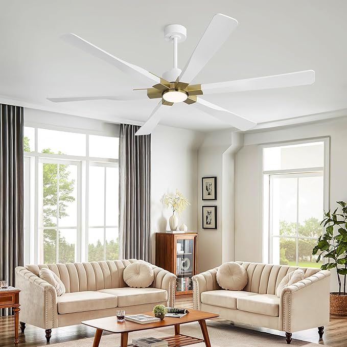 68 Inch Ceiling Fan with Lights and Remote Control, 6 Reversible ABS Blades, 6-Speed Noiseless DC Motor with 4.5" / 12" / 24" Downrods for Bedroom Dining Living Room, Gold and White