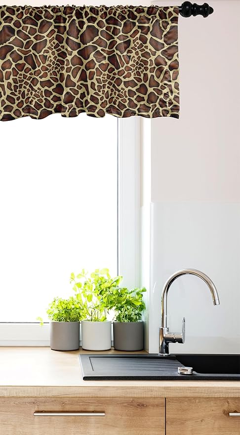 Ambesonne Zambia Window Valance, Giraffe Skin Pattern Wildlife Symbolic Zoo Hippie Style Picture, Curtain Valance for Kitchen Bedroom Decor with Rod Pocket, 42" x 12", Redwood Pale Yellow