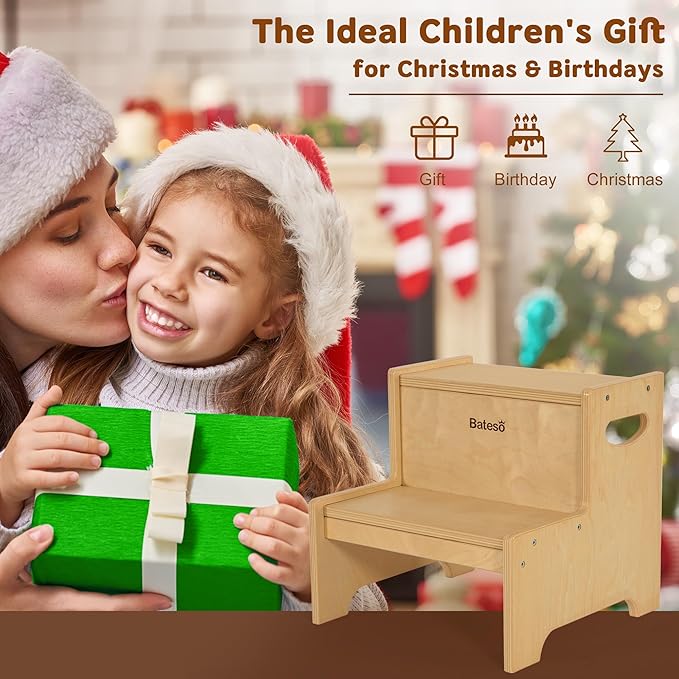 Step Stool for Kids, Wooden Toddler Step Stool for Bathroom Sink with Safety Anti-Slip Mat and Strip, Assembly Easily, Sturdy Kid Step Stool for Brushing Teeth, Kitchen, Toilet Potty Training