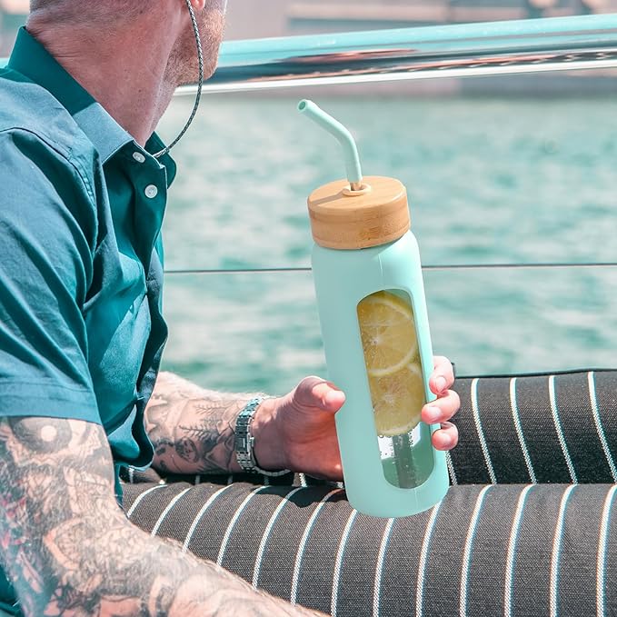 Glass Water Bottles with Straw -24oz- Water Bottle Phone Holder for Gym Sports Water Bottles with Silicone Sleeve Glass Drinking Bottles 2 Lids - Spout & Bamboo Straw Lid(Mint Green)