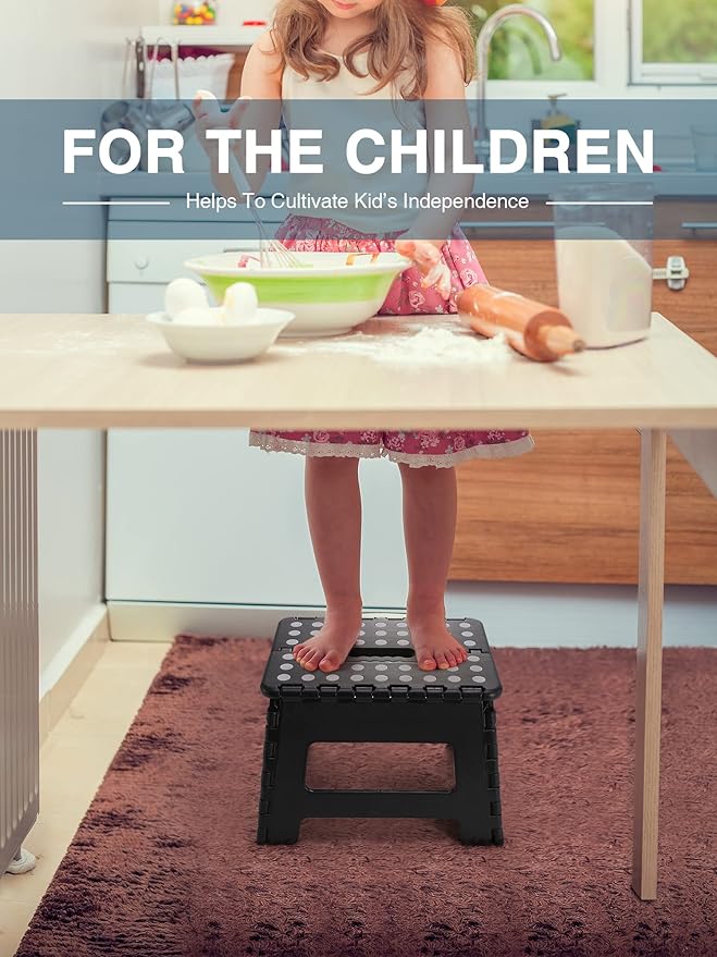 Folding Step Stool 9", Kids Step Stool, Heavy Duty Step Stools for Adults, Compact Foot Stools, Light-Weight Toddler Step Stool for Kitchen, Bathroom, Holds Up to 300 lbs (Black)