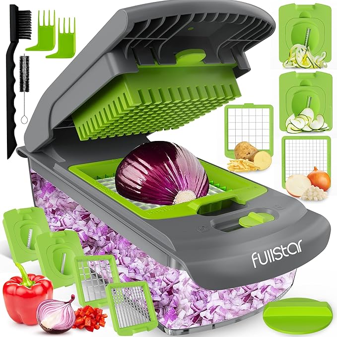 Fullstar Vegetable Chopper - Food Chopper - Onion Chopper - Vegetable Slicer & Spiralizer - Veggie Chopper with Container - Kitchen Gadgets - Home Essentials - Kitchen Accessories (4 in 1, Gray/Green)