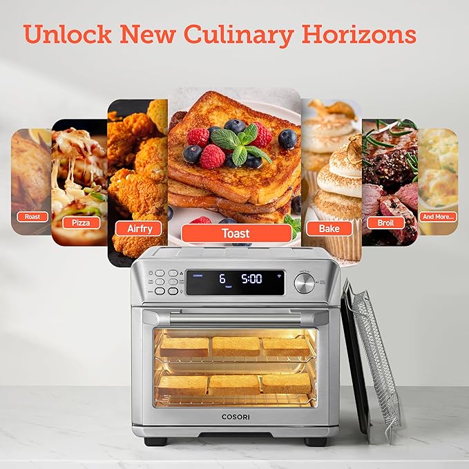 COSORI Air Fryer Toaster Oven Combo, Smart 12-in-1 Airfryer Sous Vide Convection Oven Countertop, Bake, Roast, Reheat, Broil, Dehydrate, 94 Recipes & 3 Accessories, 26QT, Silver