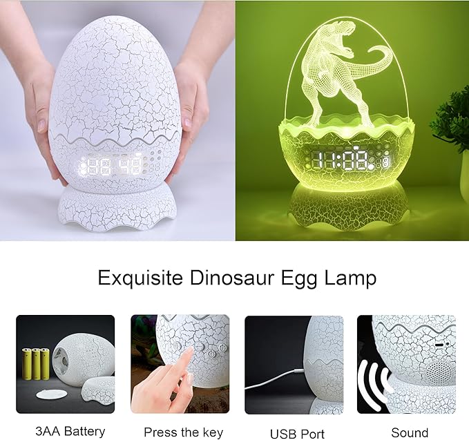 Musical Dino Night Lights, Dinosaur Egg Night Light for Kids, Bluetooth Speaker & White Noise Mahine for Baby, 16 Colors Lighting & 4 Changing Modes, Cool Art & Craft Décor