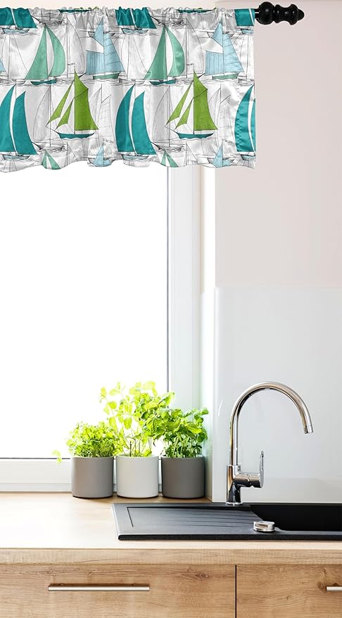 Ambesonne Nautical Window Valance, Sailing Boats on The Ocean Surfing Coastal Theme Marine Life Colorful Maritime, Curtain Valance for Kitchen Bedroom Decor with Rod Pocket, 42" x 12", Multicolor