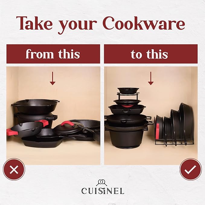 Pan Organizer - 2-PACK of Silicone-Coated Non-Slip 15" Heavy Duty Skillet Rack - Kitchen Counter/Cabinet Organization Storage - Holder for Cookie Sheet, Cutting Board, Cast Iron Cookware, Dish Stand