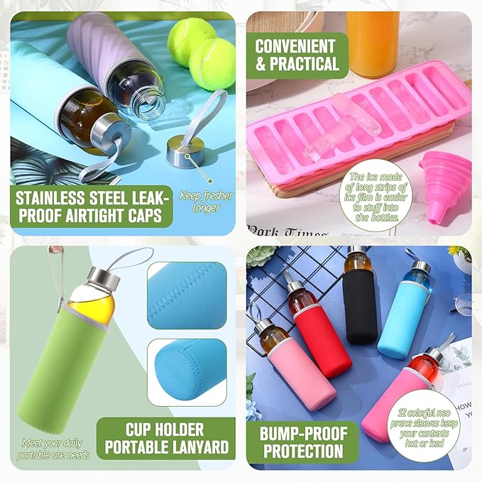 Vesici 12 Set 18 oz Clear Glass Water Bottles with Lids Reusable Glass Juicing Bottles with Colorful Protection Sleeve and Stainless Steel Leak Proof Lids for Milk Smoothie Juice Beverage Tea