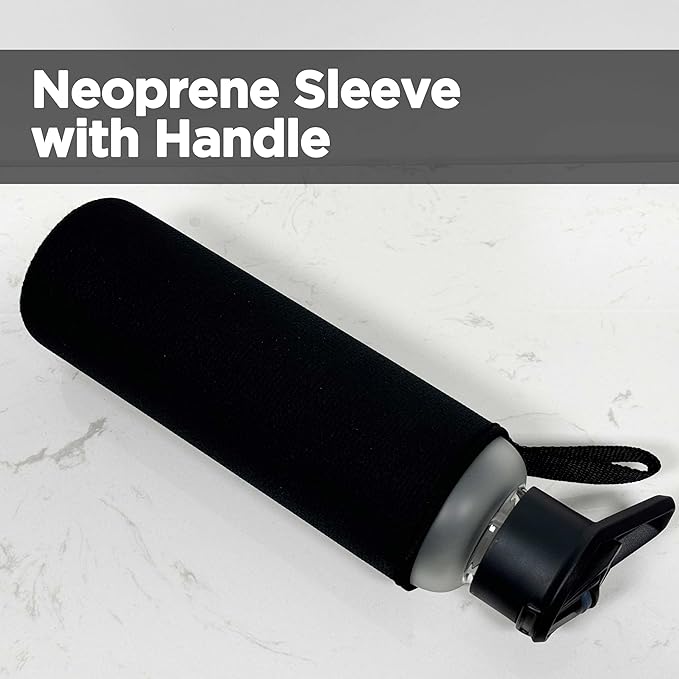 32 oz Motivational Glass Water Bottle with Straw Lid and Neoprene Sleeve | Sport Water Bottle with Measurements (Black)