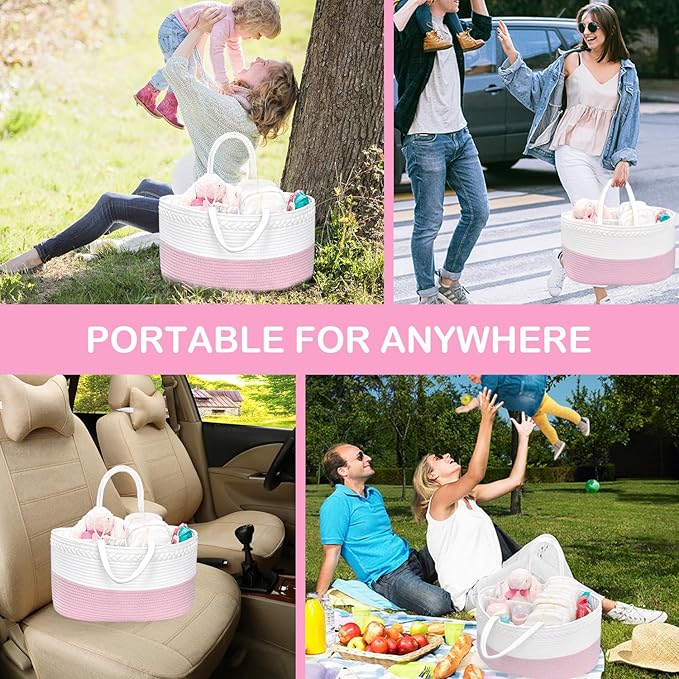 ABenkle X-Large Baby Diaper Caddy, Nursery Storage Bin and Car Organizer for Diapers Wipes, Cotton Rope Basket Changing Table Caddy, Pink