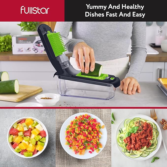 Fullstar Vegetable Chopper - Food Chopper - Onion Chopper - Vegetable Slicer & Spiralizer - Veggie Chopper with Container - Kitchen Gadgets - Home Essentials - Kitchen Accessories (2 in 1, Gray/Green)