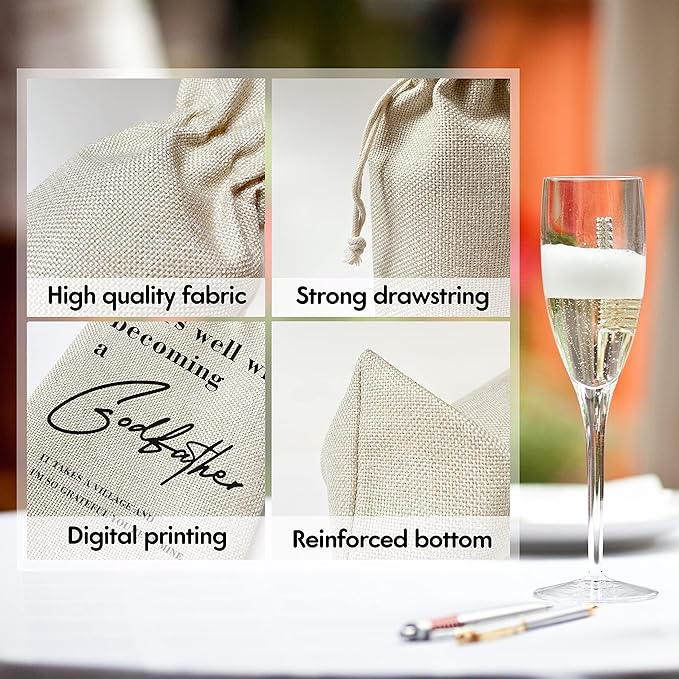Godfather Wine Gift Bags - Gift for Godfather, Uncle, Godparent, Baptism - Reusable Burlap With Drawstring Gift Bag (5.5"x 13.5")-1 Pcs/jiu064