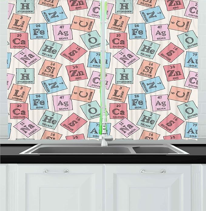 Ambesonne Periodic Table Kitchen Curtains, Sketch Style Chemistry Class Elements Science Camp Art Print, Window Drapes 2 Panel Set for Kitchen Cafe Decor, 55" x 36", Green Pink
