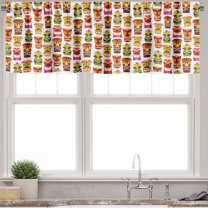 Ambesonne Tiki Bar Valance & Tier Curtain 3 pcs Set, Sixties Retro Inspired Hawaiian Party Happy Tiki Pattern Colorful, Window Treatments for Kitchen Room Decor, 55" x 24", White Brown