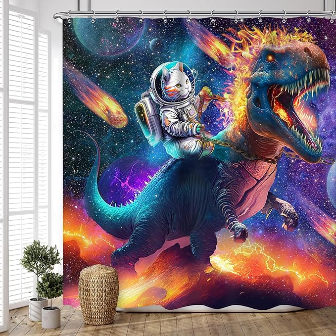 Funny Cat Riding Dinosaur Shower Curtain 72Wx72L Inch Kids Boys Dino Astronaut Animal Galaxy Outer Space Universe Star Bathroom Set for Teen Bath Curtain Bathtub Accessories Home Decor