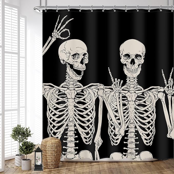 Funny Skull Skeleton Shower Curtain Gothic Spooky Black White Retro Bone Cool Horror Halloween Modern 60Wx72L Inch Shower Curtain Bathroom Set Bath Curtain Bathtub Accessories Home Decor