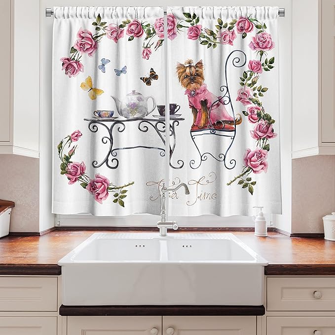 Ambesonne Yorkie Long Kitchen Curtains, Yorkshire Terrier in Pink Dress Having a Tea Party Tea Time Butterflies Roses, Two Panels Drapes with Rod Pocket Room Decor, 55" x 45", Pink White