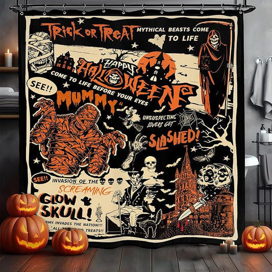 Halloween Horror Scary Shower Curtain 60Wx72L Inch Mummy Skull Spooky Trick Or Treat Vintage Gothic Retro Holiday Bathroom Set Accessories Decor with 12 Pack Hooks