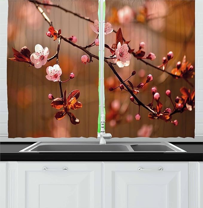 Ambesonne Nature Kitchen Curtains, Cherry Blossom Sakura Tree Branches Flowering Japanese Flourishing Print, Window Drapes 2 Panel Set for Kitchen Cafe Decor, 55" x 30", Coral Pink
