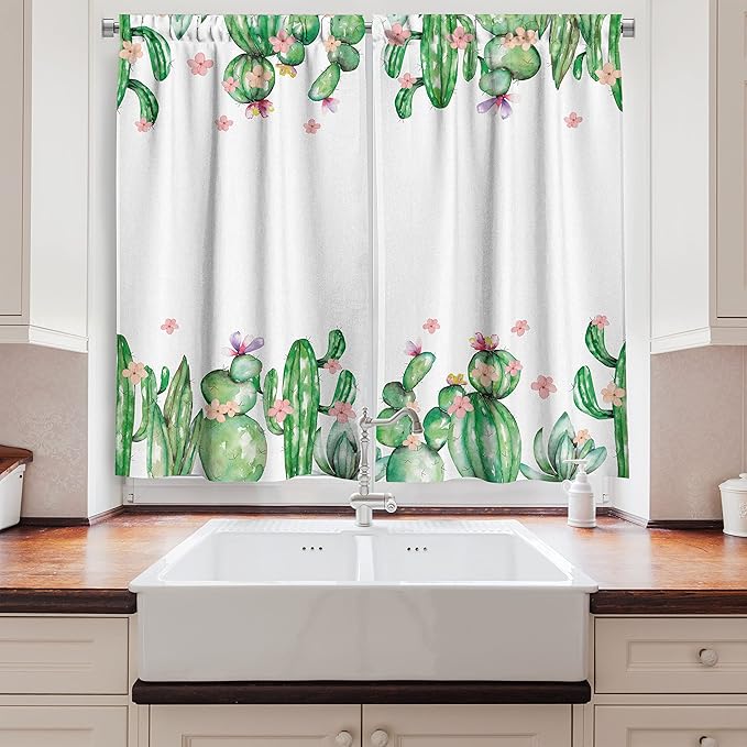 Ambesonne Cactus Long Kitchen Curtains, Mexico Style Romantic Tender Blossoms and Barren Heath Natural Vegetation, Two Panels Drapes with Rod Pocket Room Decor, 55" x 45", Green Coral