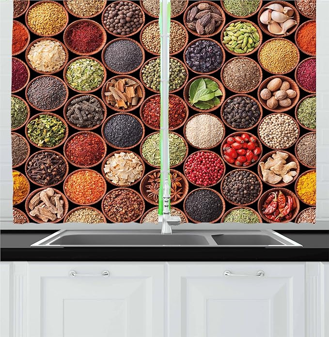 Ambesonne Retro Kitchen Curtains, Colorful Herbs and Spices Cardamom Pepper Chili Ginger Dill Natural Cuisine Print, Window Drapes 2 Panel Set for Kitchen Cafe Decor, 55" x 24", Brown Yellow