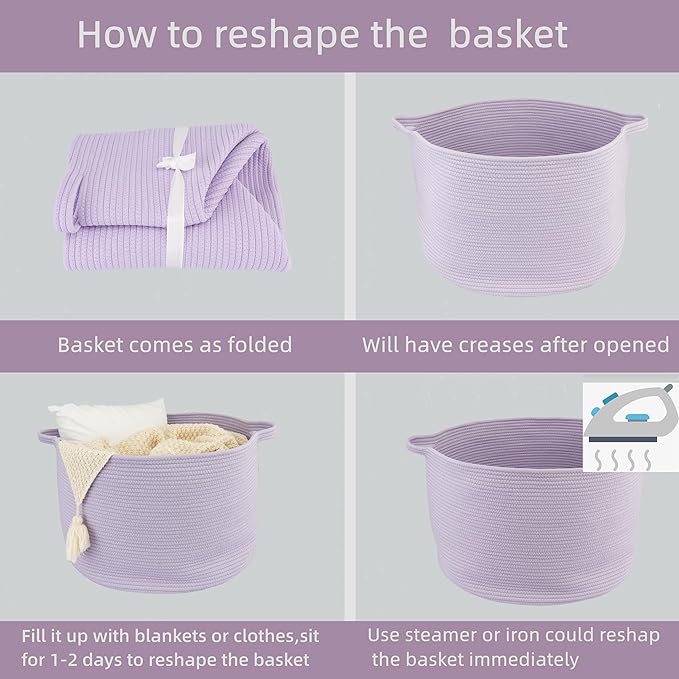 Large Cotton Rope Basket Blankets Basket Living Room 22"x14" Toy Basket for Kids Rope Storage Basket for Nursery Woven Laundry Basket for Clothes Baby Toy Storage round purple or Lavendor