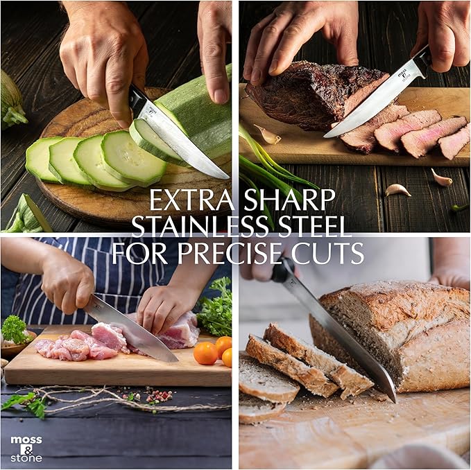Moss & Stone 14-piece Knife Block Set, Stainless Steel Knife Set, Premium Kitchen knives Set With High-Carbon Stainless Steel Blades And Wooden Block Set, Cutlery Knife Set, 14 Pcs Kitchen Knife Set