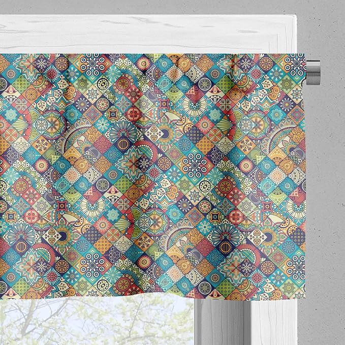 Ambesonne Bohemian Valance & Tier Curtain 3 pcs Set, Geometric Pattern Ornamental Floral Folk Art Abstract, Window Treatments for Kitchen Room Decor, 55" x 30", Blue Cream