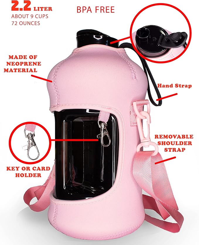 2.2 Liter Pink Water Bottle with Sleeve – BPA Free Large Water Bottle (72 Ounce) Big Sports Bottle Jug with Handle and sleeve, Black