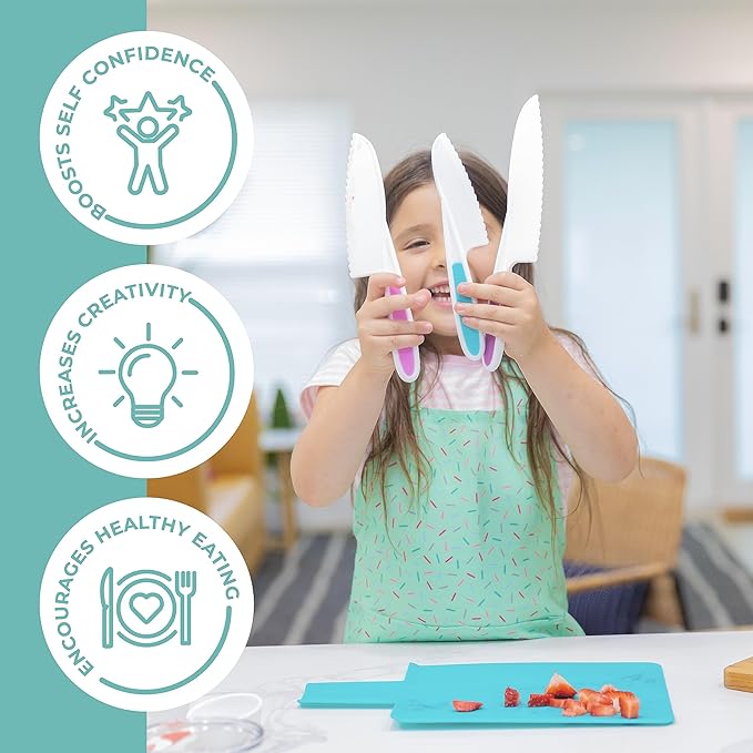 Tovla Jr. Knives for Kids 3-Piece Kitchen Baking Knife Set: Montessori Children's Real Cooking Knives in 3 Sizes & Colors/Firm Grip, Serrated Edges, BPA-Free Kids' Toddler Knives (colors vary)