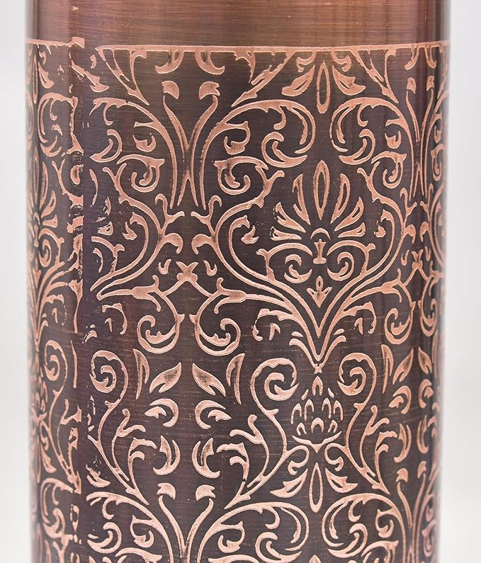 VJR Copper Bottle for Drinking Water 33 Oz Ayurvedic Leak Proof lid Floral Engraved Design Durable Lightweight Hand Washable Vessel Clean Cool Water Natural Minerals Boost Energy Safe Water Utensil