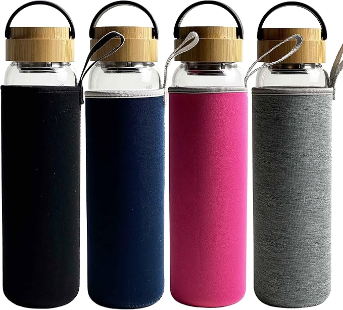 32 oz Motivational Glass Water Bottles with Bamboo Lid Straw and Time Marker - Sports Water Bottle for Drinking