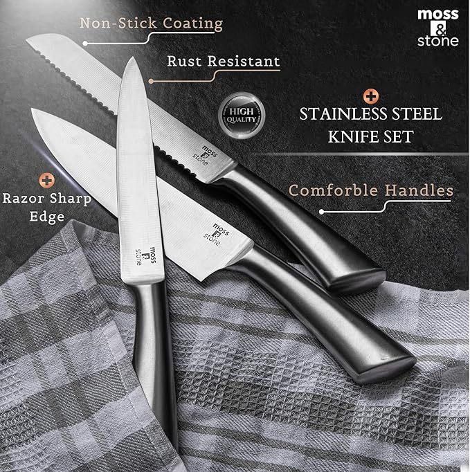 Moss & Stone Professional Kitchen Knife Chef Set, 6 Pcs Small Knife Set With Block, Premium Kitchen Knife Set Stainless Steel, Scratch Resistant & Rust Proof, Knife Block With Sharp Cooking Knives.