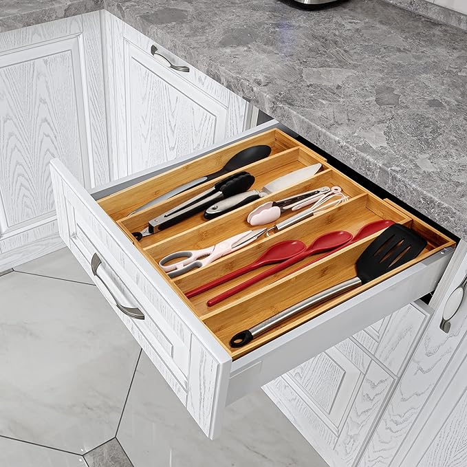 Purawood 2 PACK Large Premium Bamboo Silverware Organizer - Expandable Kitchen Drawer & Utensil Organizer, 17.5" x 19.75" Cutlery Tray with Drawer Dividers for Kitchen Flatware…