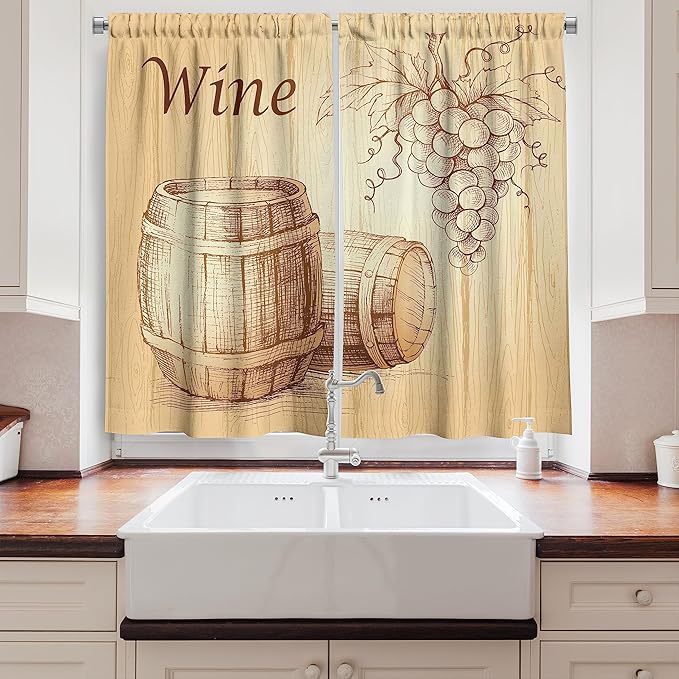 Ambesonne Wine Long Kitchen Curtains, Wooden Barrels and Bunch of Grapes on Wood Backdrop Botany Harvest Theme Artwork, Two Panels Drapes with Rod Pocket Room Decor, 55" x 45", Brown Peach