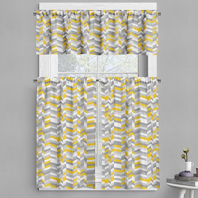 Ambesonne Grey and Yellow Valance & Tier Curtain 3 pcs Set, Geometric Vintage 60s Home Pattern Inspired Herringbone Zig Zag Lines, Window Treatments for Kitchen Room Decor, 55" x 36", Yellow Grey