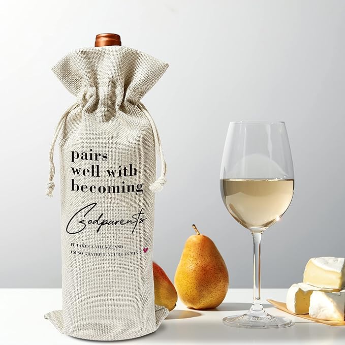 Godparents Wine Gift Bags - Gift for Godmother, Godfather, Aunt, Uncle, Baptism - Reusable Burlap With Drawstring Gift Bag (5.5"x 13.5")-1 Pcs/jiu060