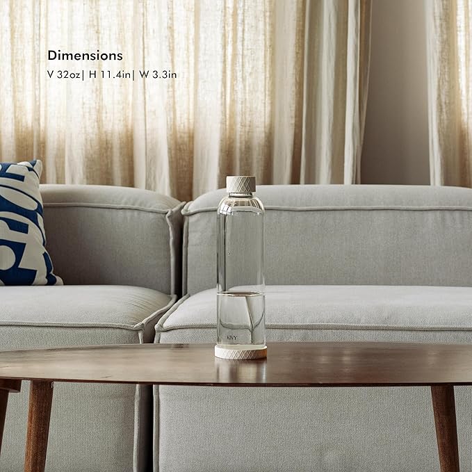 KIVY 32 oz Glass Water Bottle with Silicone Sleeve - Neutral glass waterbottle 32oz - Aesthetic water bottles glass bottle - Borosilicate glass water bottle 32 oz - White water bottle glass