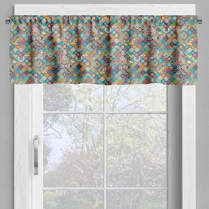 Ambesonne Bohemian Valance & Tier Curtain 3 pcs Set, Geometric Pattern Ornamental Floral Folk Art Abstract, Window Treatments for Kitchen Room Decor, 55" x 30", Blue Cream