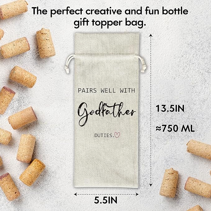 Godfather Wine Gift Bags - Gift for Godfather, Uncle, Godparent, Baptism - Reusable Burlap With Drawstring Gift Bag (5.5"x 13.5")-1 Pcs/jiu065