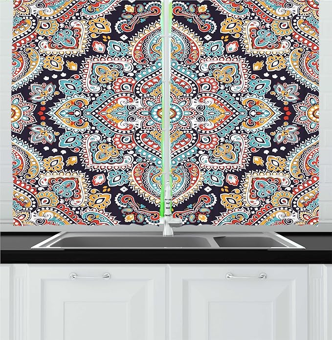 Ambesonne Ethnic Kitchen Curtains, Bohemian Style Motif Vintage Oriental Inspired Traditional Art, Window Drapes 2 Panel Set for Kitchen Cafe Decor, 55" x 36", Navy Teal